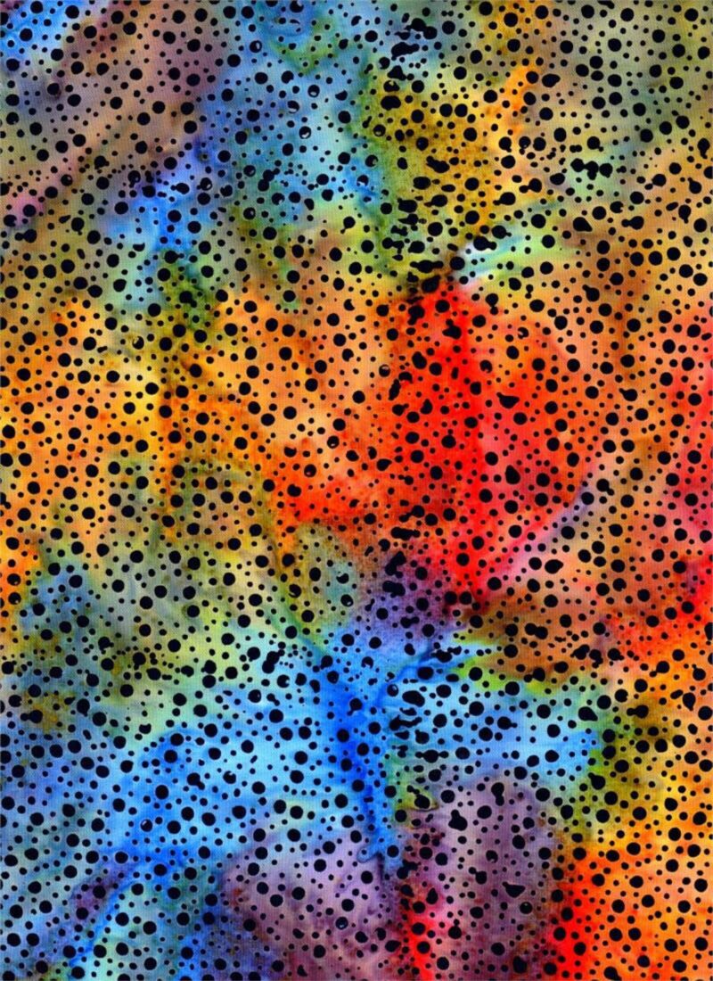 Batik Textiles - 4342 - Orange Red Blue Purple Black Dots - Venus, Cattails, and Moon Bayou - Fabric
