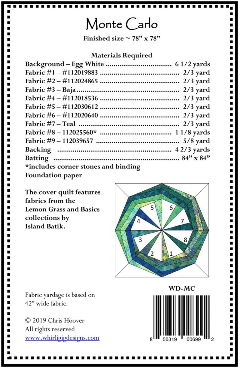 MONTE CARLO Quilt Pattern Chris Hoover Whirligig Designs CREEKSIDE QUILTS