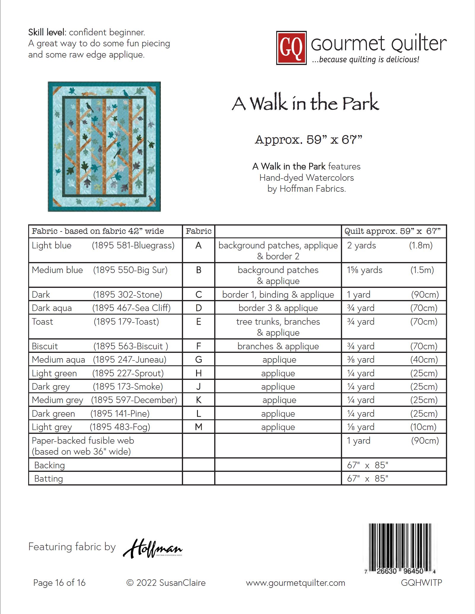 A Walk In The Park – Quilt Kit – 59″ x 67″ – Hoffman Fabrics – Palette of  the Season 1895 Watercolors – CREEKSIDE QUILTS