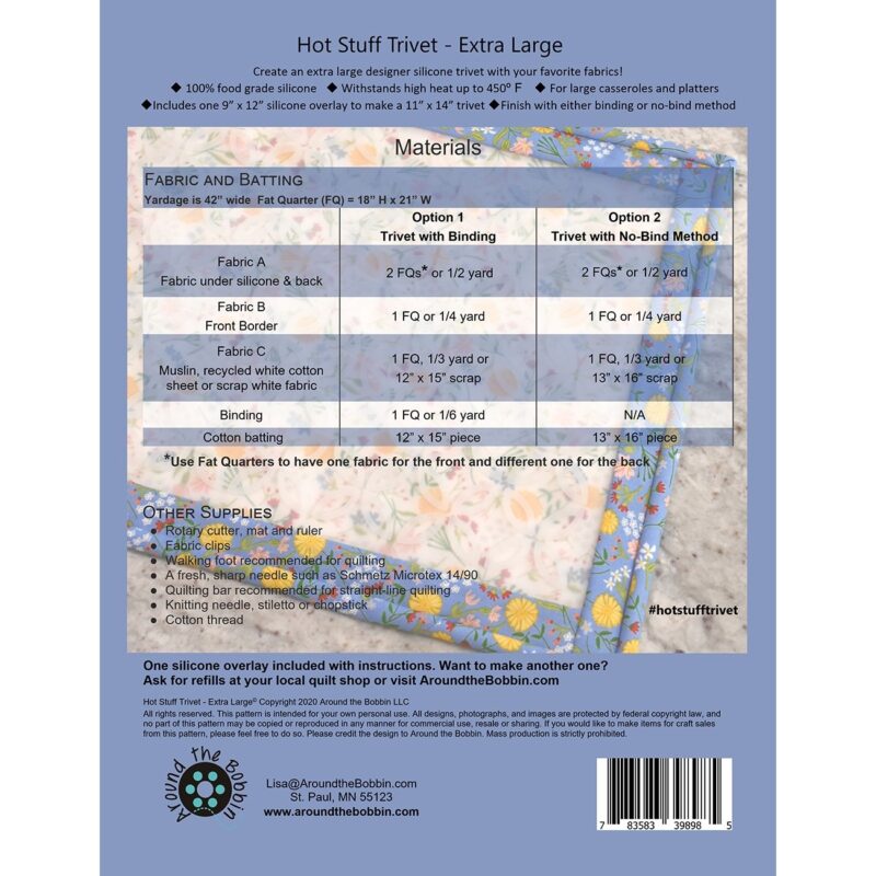 Extra Large Hot Stuff Trivet - 9" x 12" Pot Holder Pattern & Silicone Insert - Around The Bobbin - Image 2